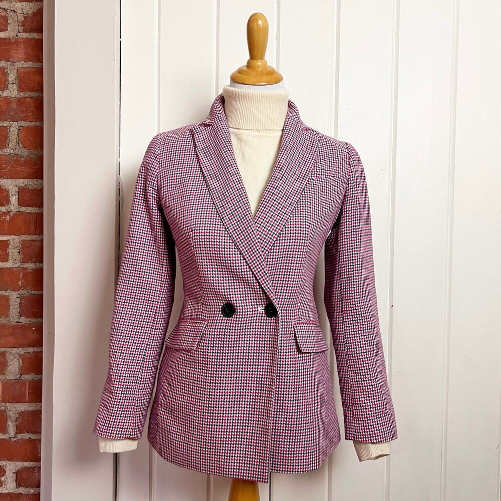 Talbots Double Breasted Pink Houndstooth Blazer 2P Plaid Jacket